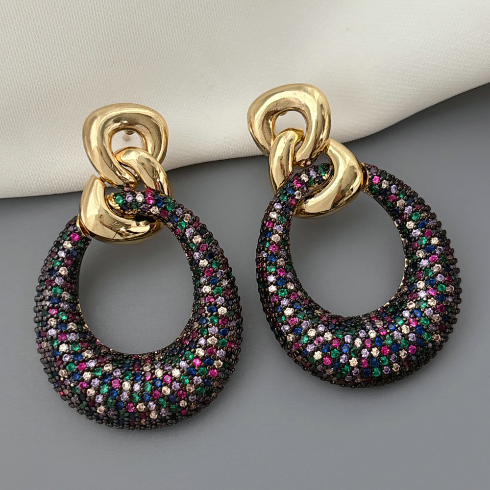Pave colorful zircon link chain earrings