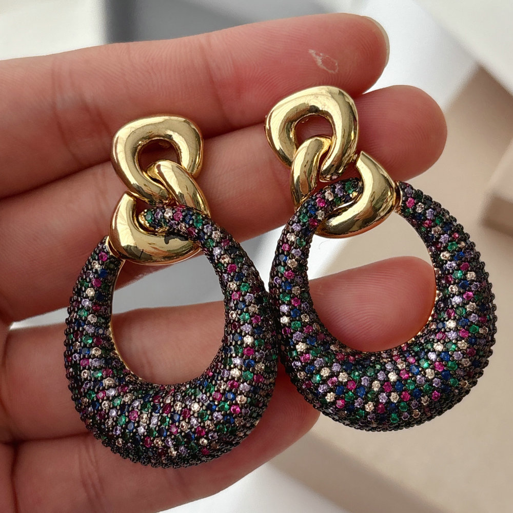Pave colorful zircon link chain earrings