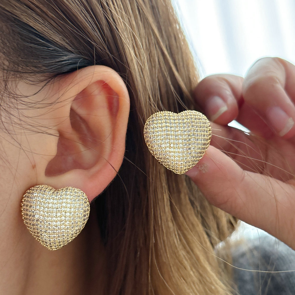 Pave zircon puffy heart earrrings