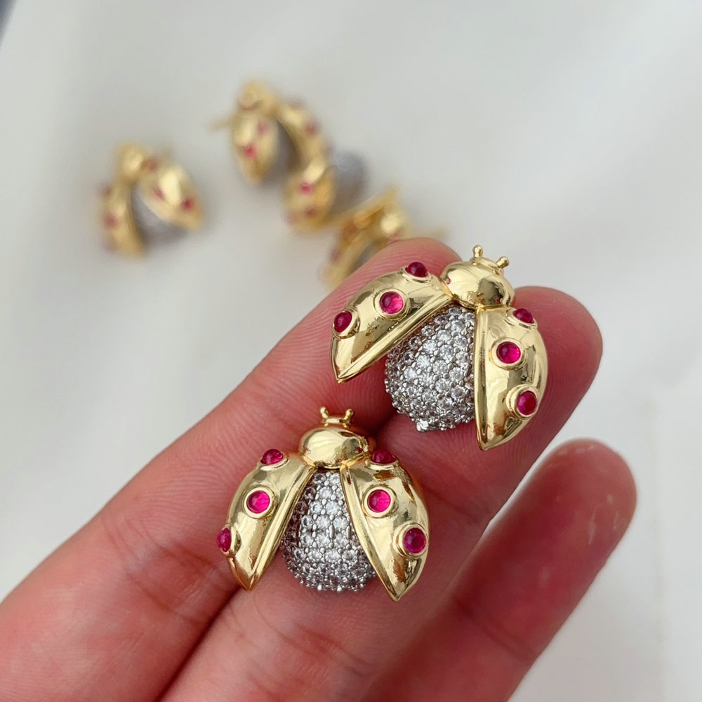 Pave zircon ladybug earrings