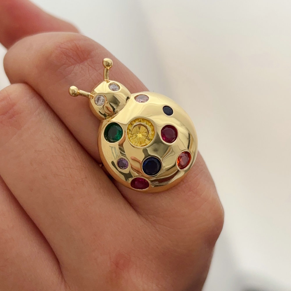 Pave colorful ladybug ring