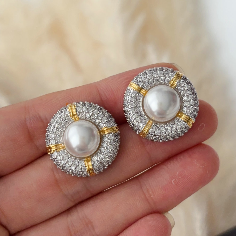 Pave zircon round pearl earrings