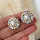 Pave zircon round pearl earrings