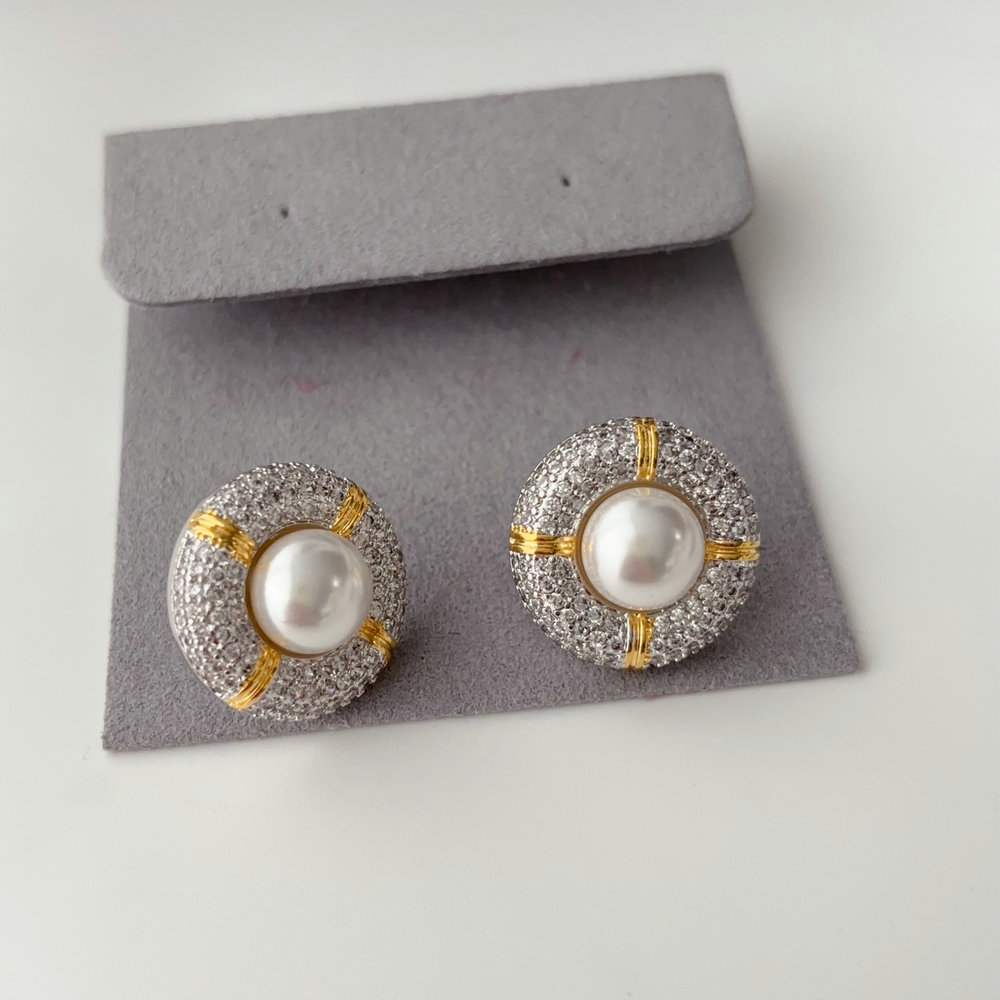 Pave zircon round pearl earrings