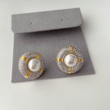 Pave zircon round pearl earrings