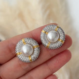 Pave zircon round pearl earrings