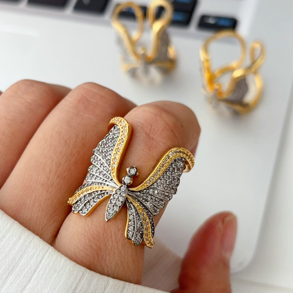 Pave zircon two tone butterfly ring