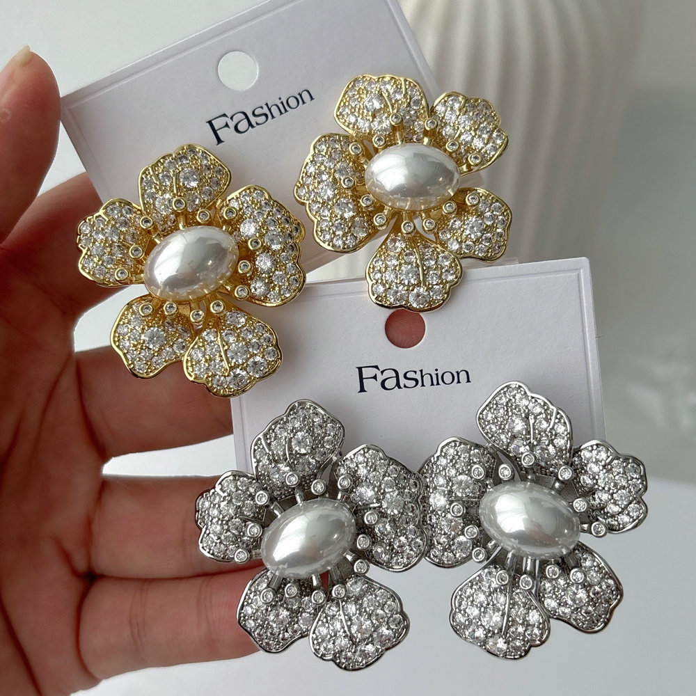 Pave zircon flower pearl earrings