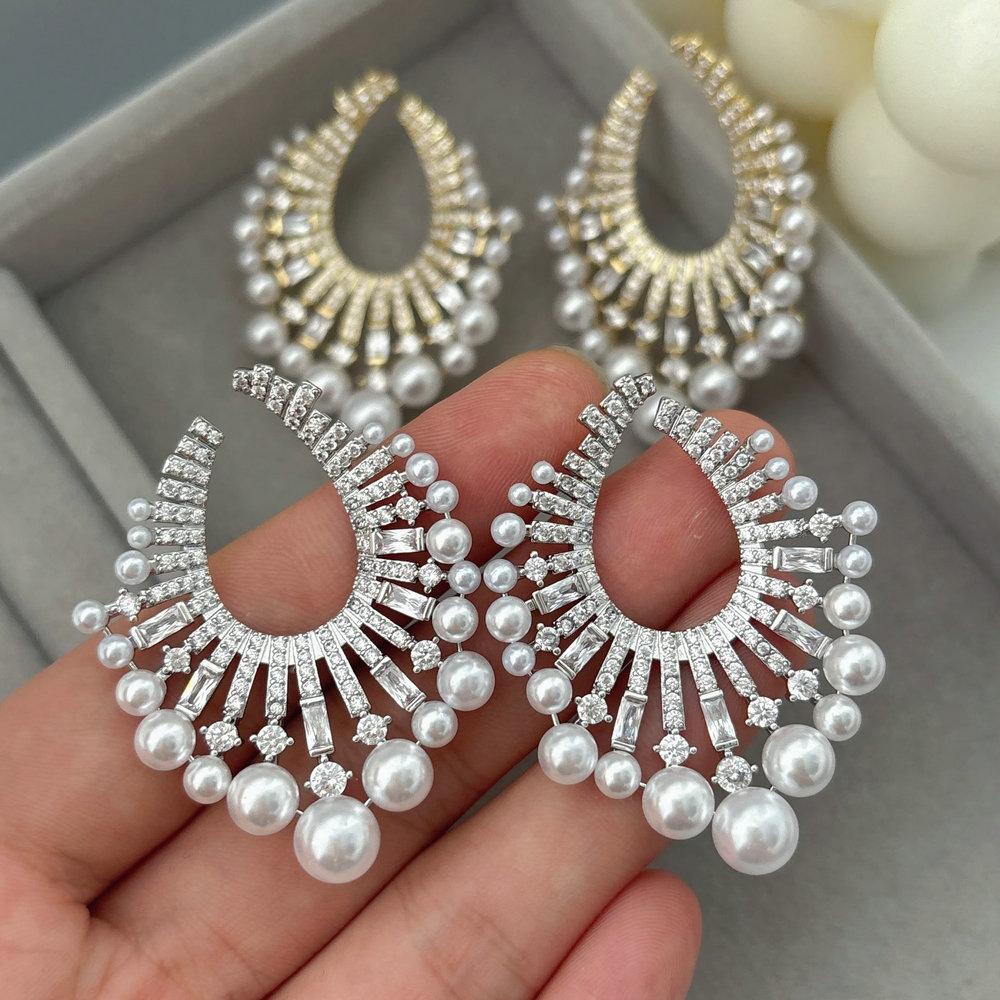 Pave pearl fan earrings