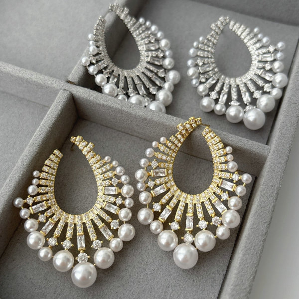 Pave pearl fan earrings