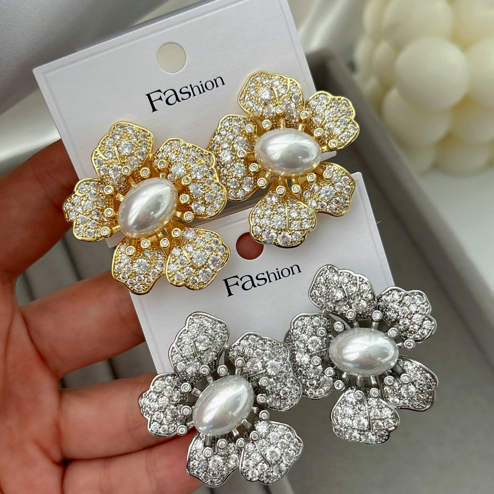 Pave zircon flower pearl earrings