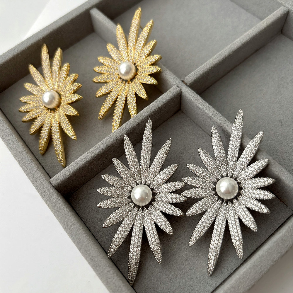 Pave zircon star pearl earrings