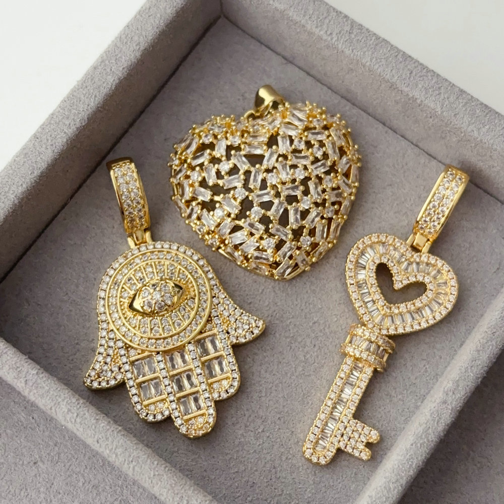 Pave zircon heart hand key pendant