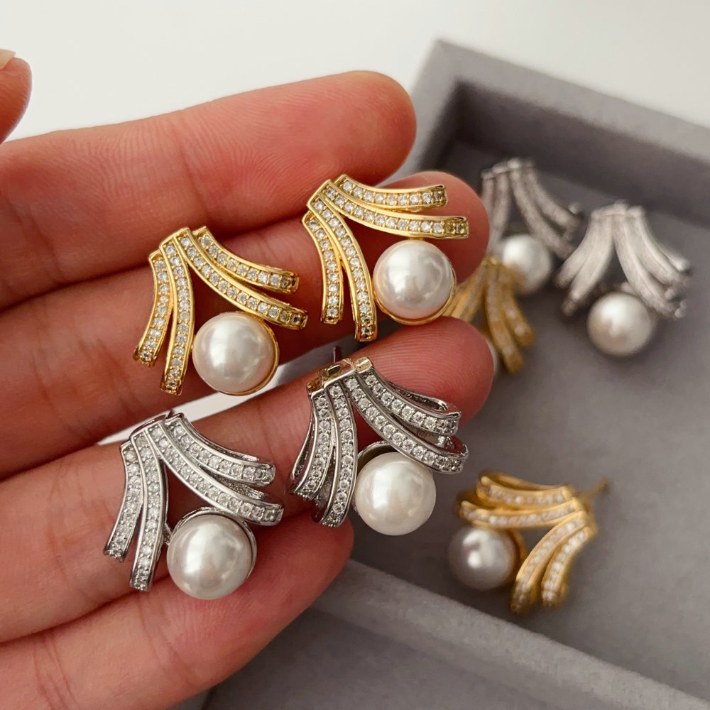 Pave fan pearl earrings