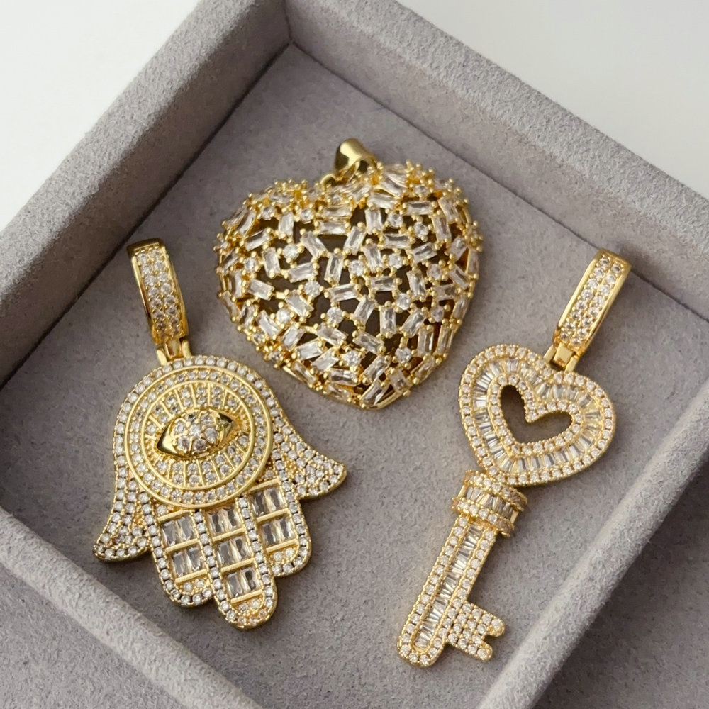 Pave zircon heart hand key pendant