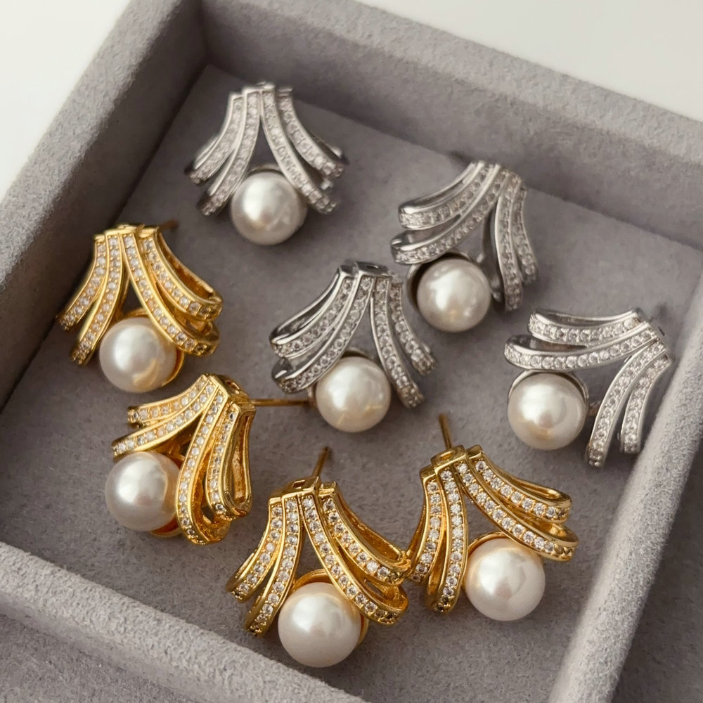 Pave fan pearl earrings