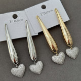 Pave long bar heart charm earrings