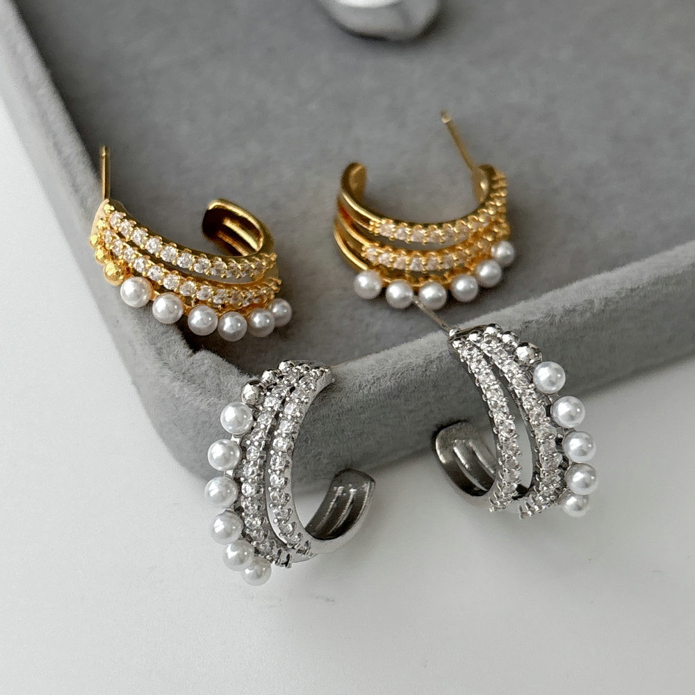 Pave pearl fan earrings