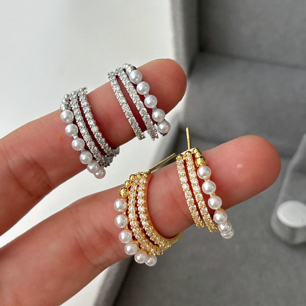 Pave pearl fan earrings