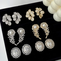 Pave zircon leaf flower earrings