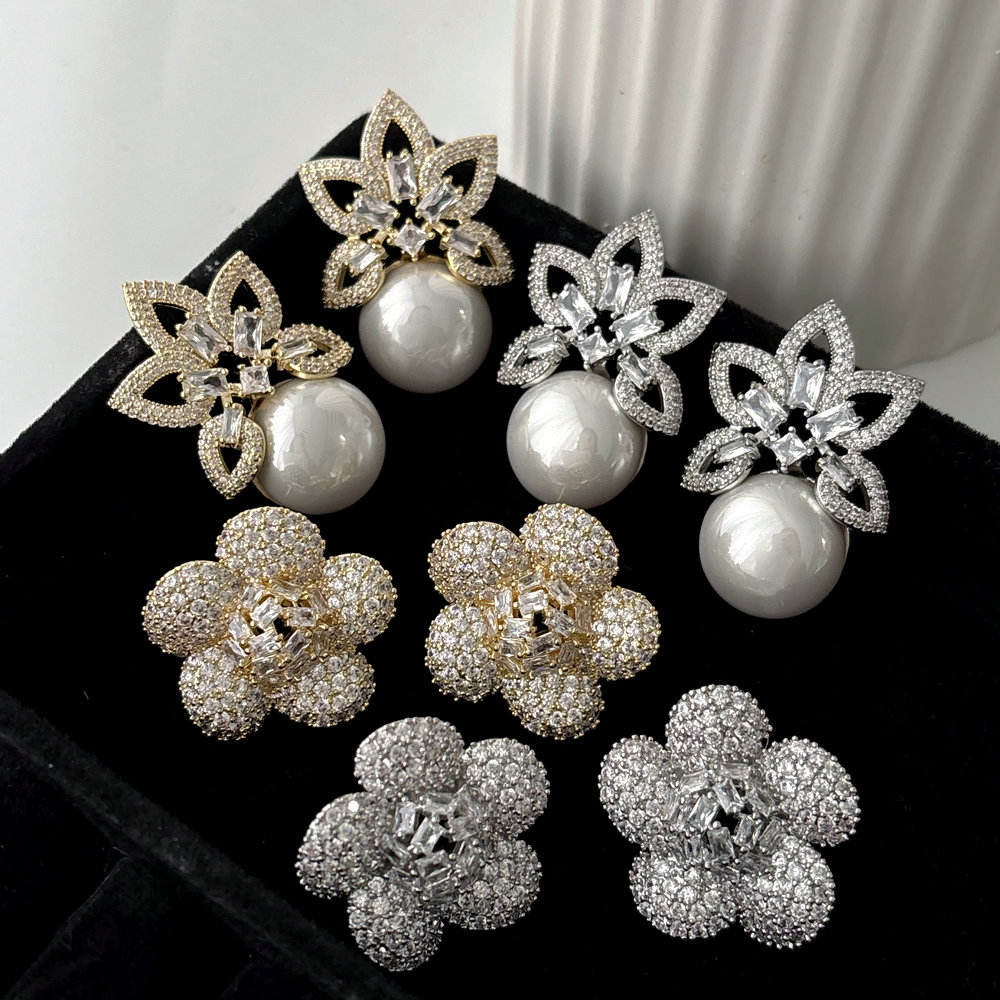 Pave pearl flower earrings