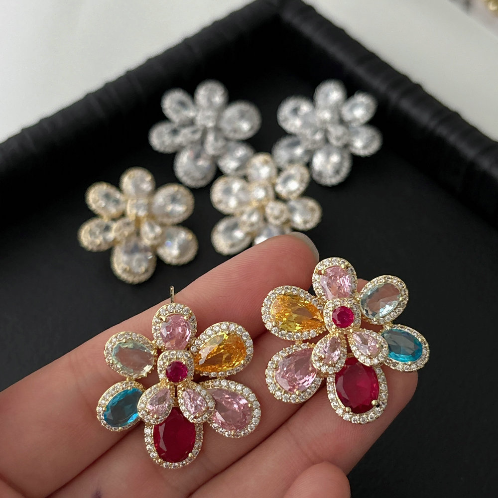 Pave zircon flower earrings