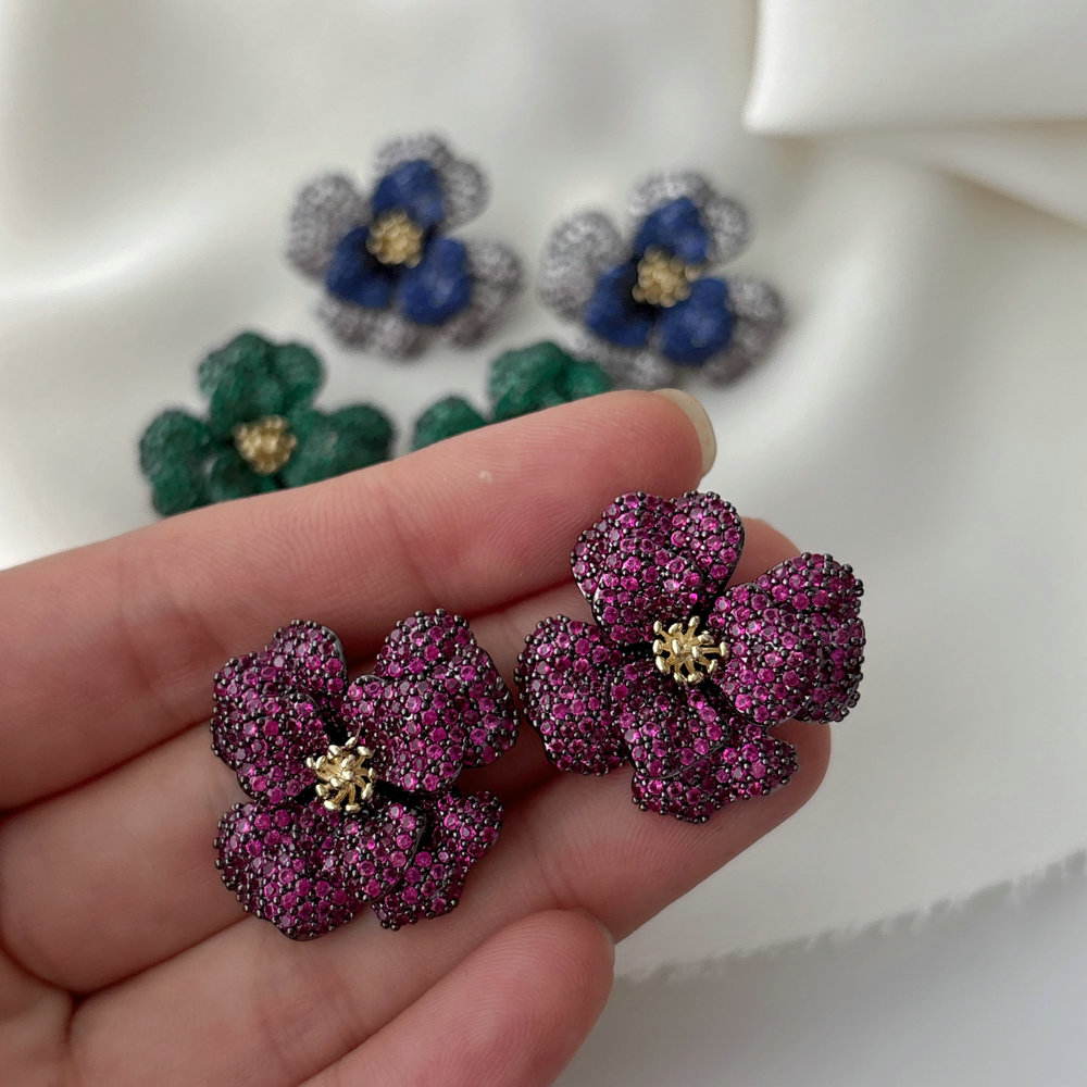 Pave zircon chunky flower earrings