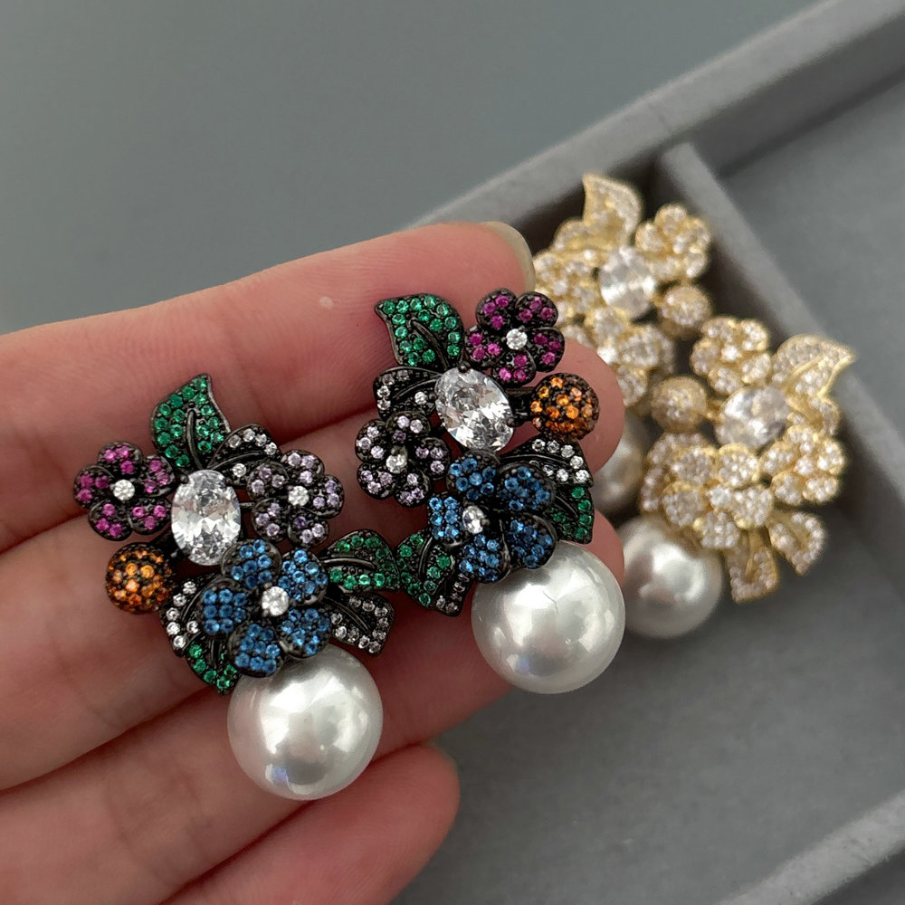 Pave zircon flower earrings