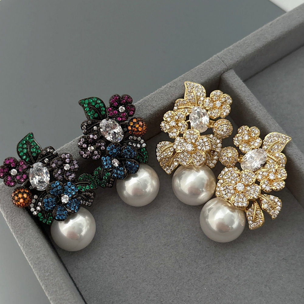 Pave zircon flower earrings