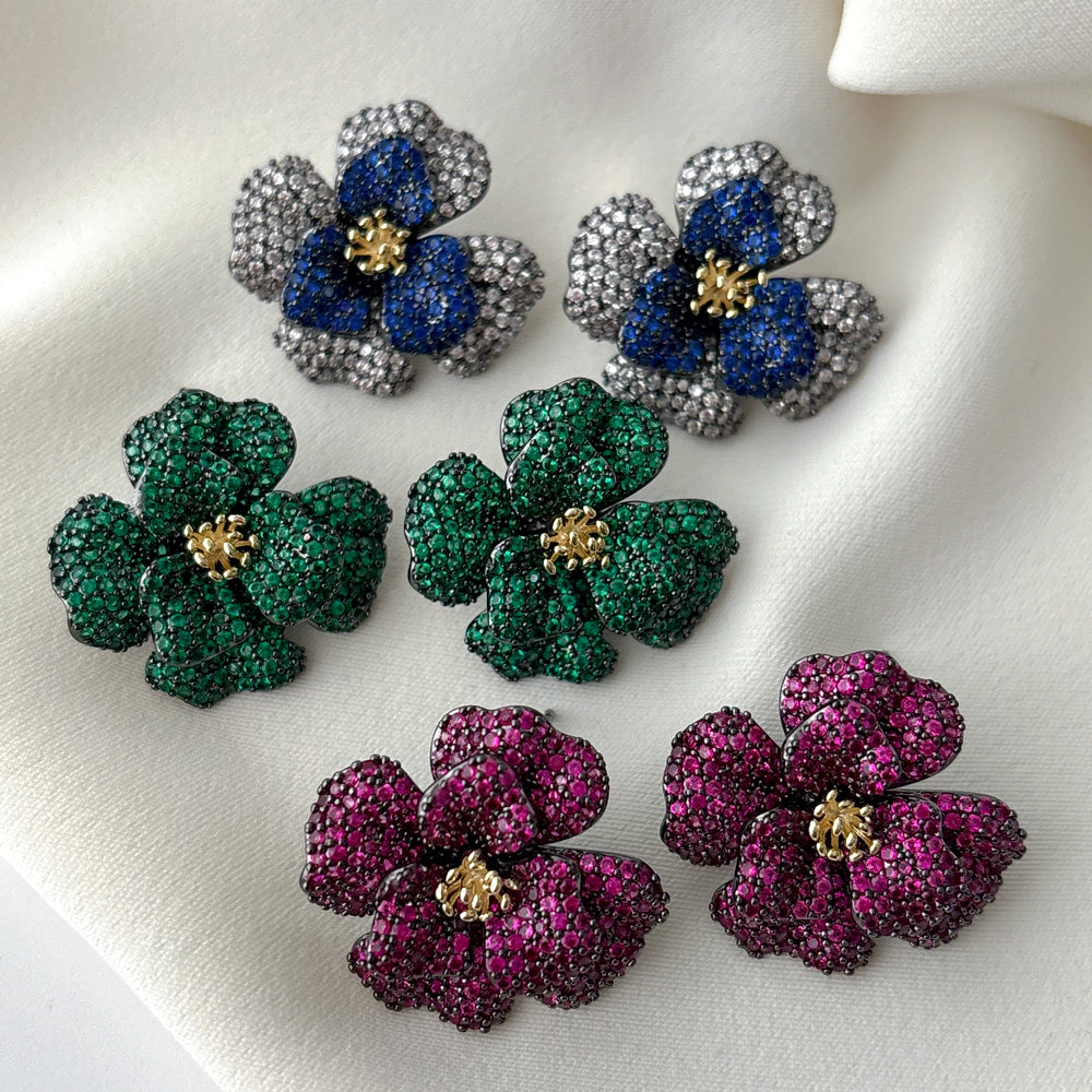 Pave zircon chunky flower earrings
