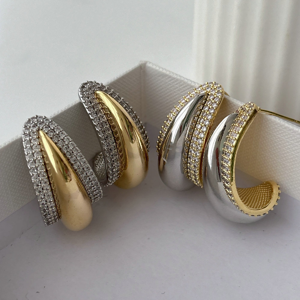 Pave zircon two tone fan earrings