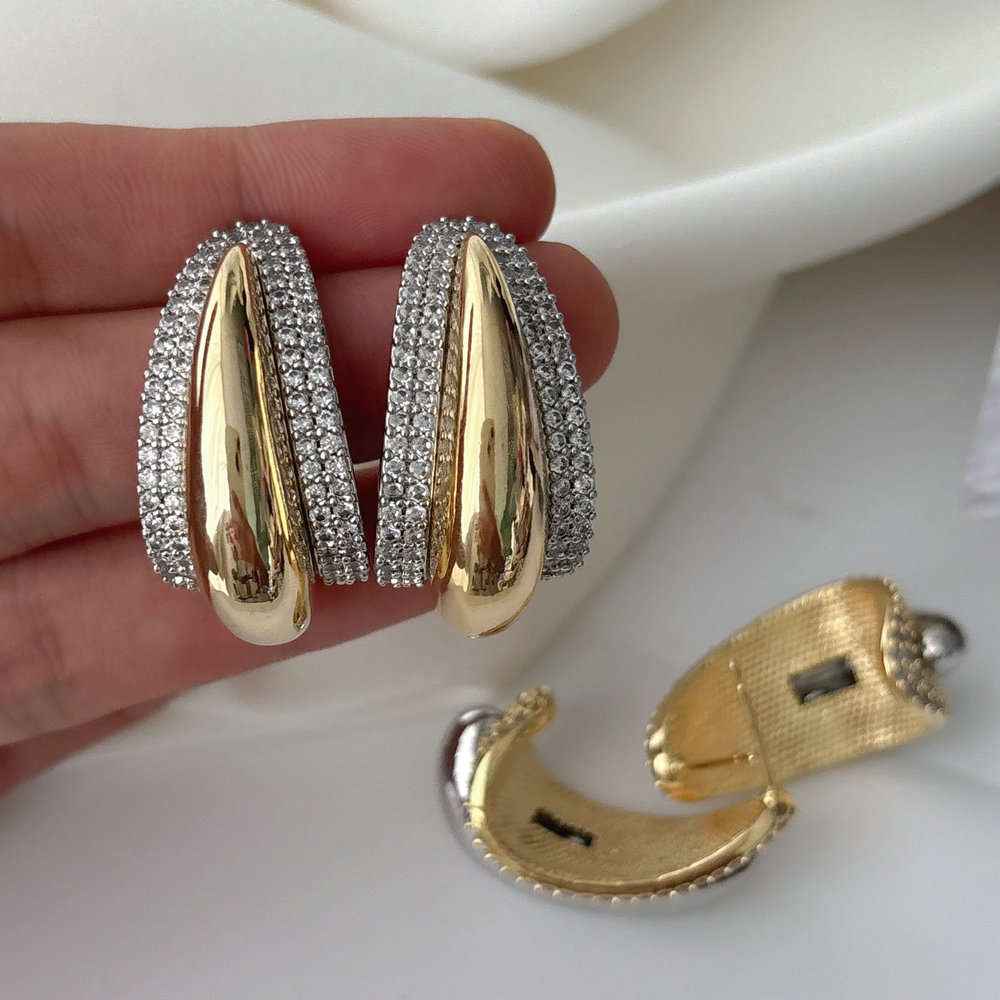 Pave zircon two tone fan earrings
