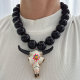 Chunky black bead necklace with bull pendant