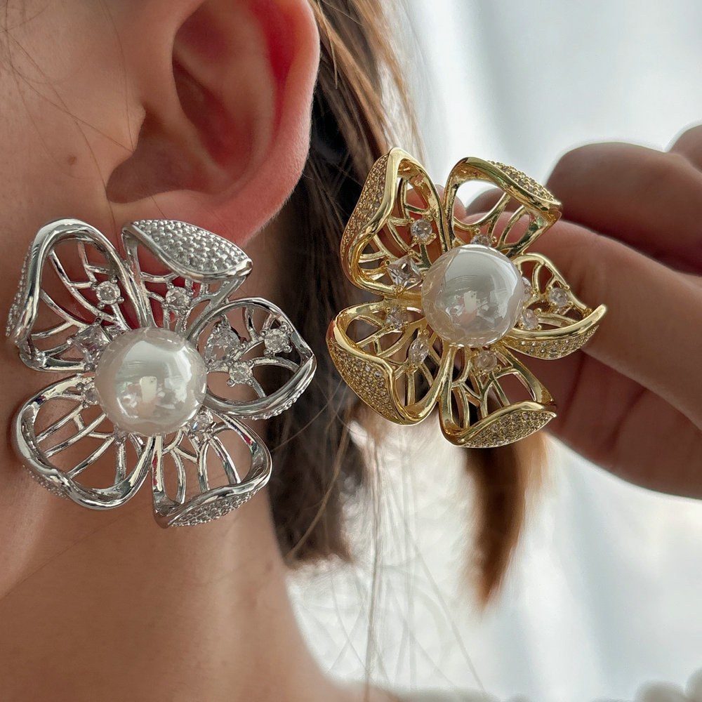 Pave zircon chunky flower earrings