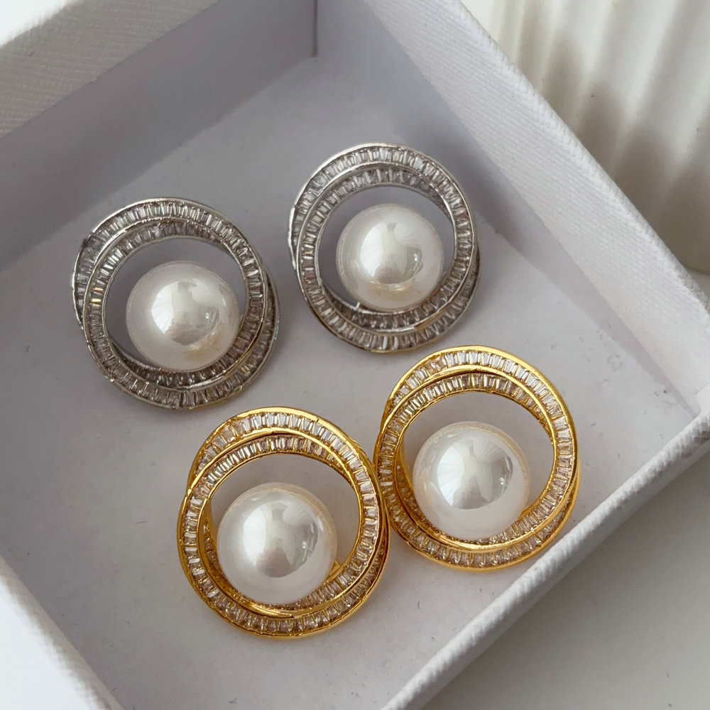 Pave zircon link chain pearl earrings