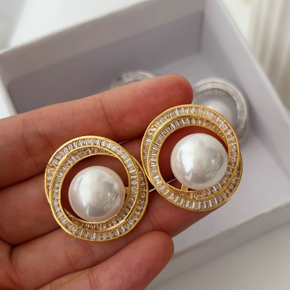 Pave zircon link chain pearl earrings