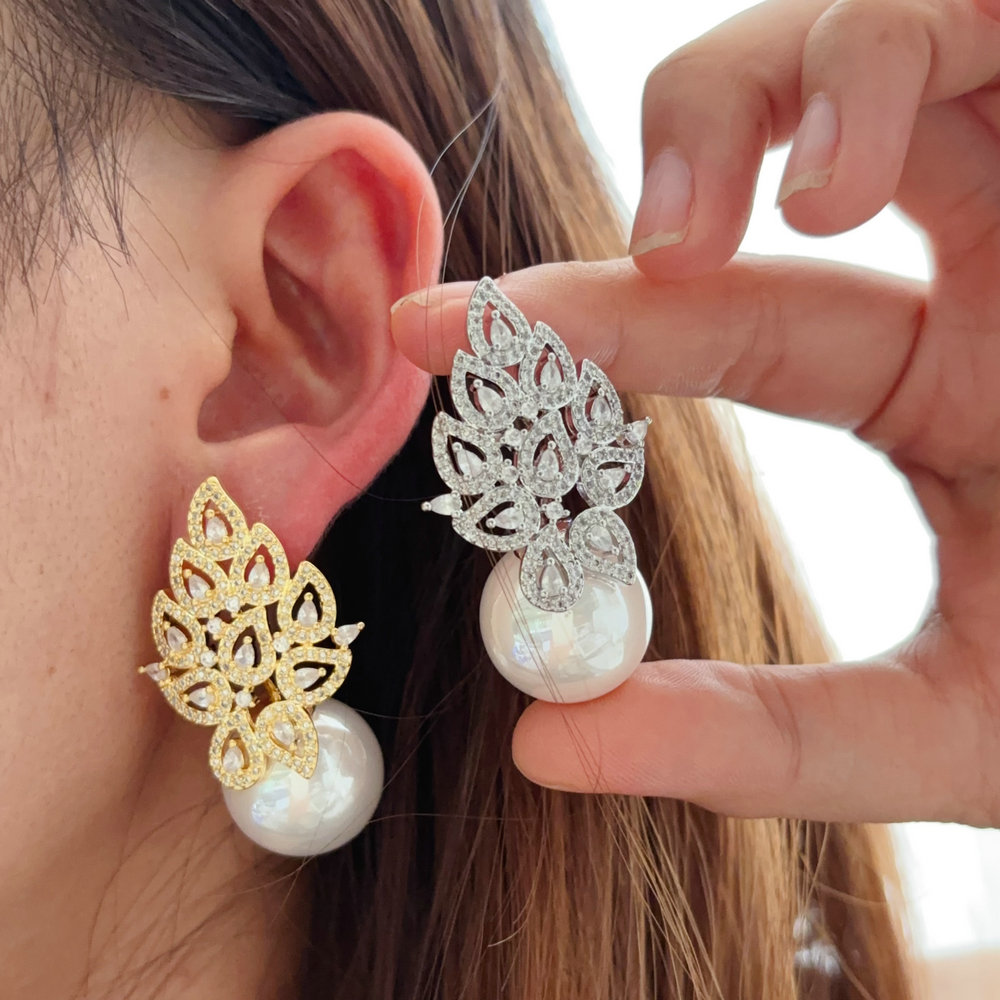 Pave zircon leaf pearl earrings