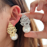 Pave zircon leaf pearl earrings
