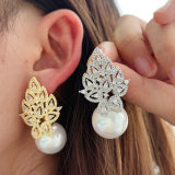 Pave zircon leaf pearl earrings