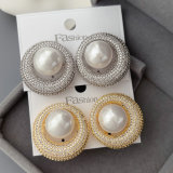 Pave zircon round pearl earrings