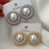 Pave zircon round pearl earrings