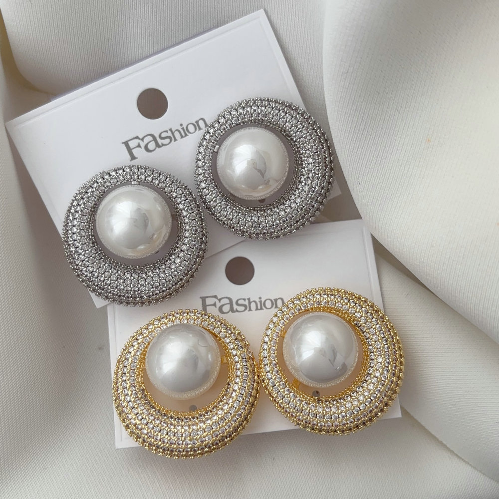 Pave zircon round pearl earrings