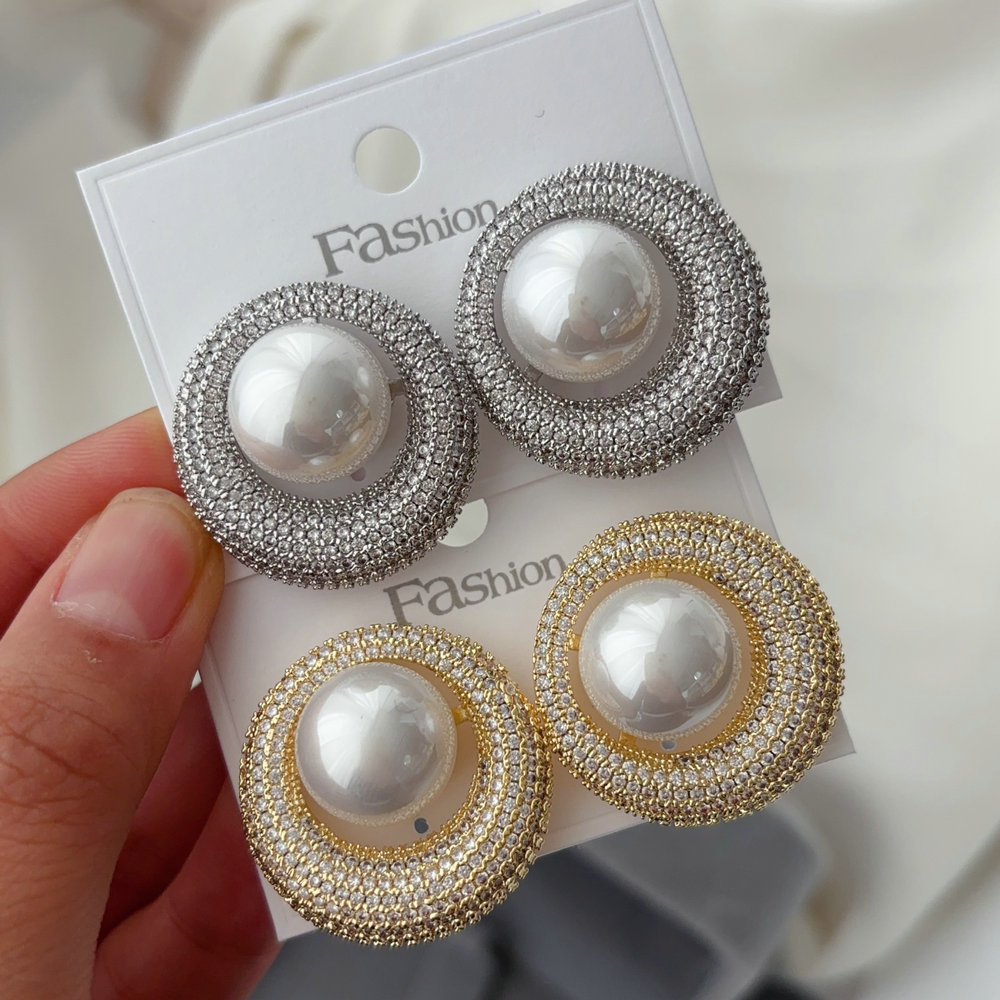 Pave zircon round pearl earrings
