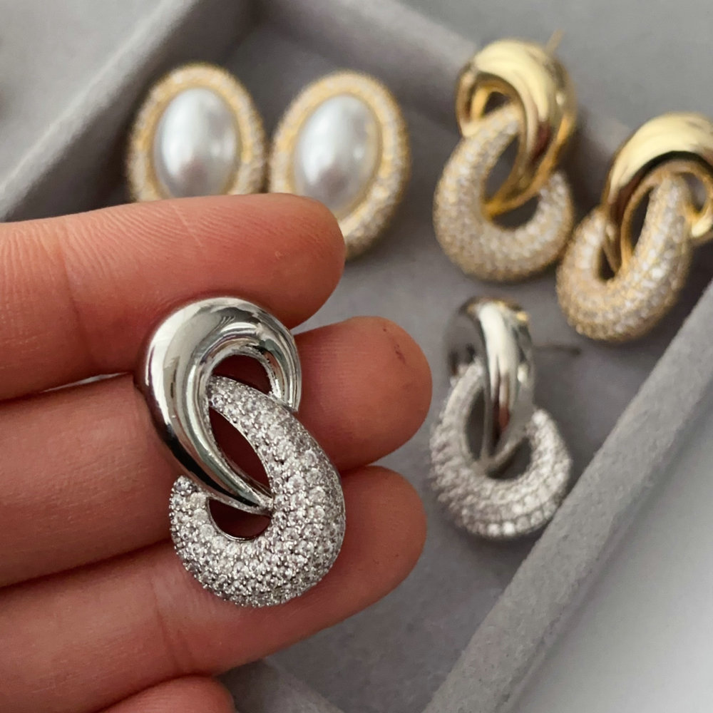 Pave oval pearl zircon earrings