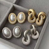 Pave oval pearl zircon earrings