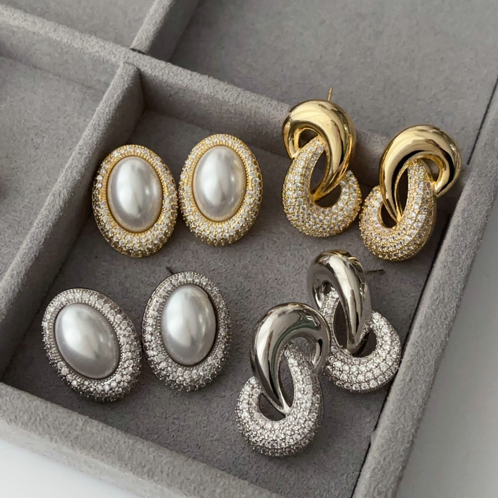 Pave oval pearl zircon earrings