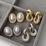 Pave oval pearl zircon earrings
