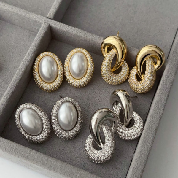 Pave oval pearl zircon earrings
