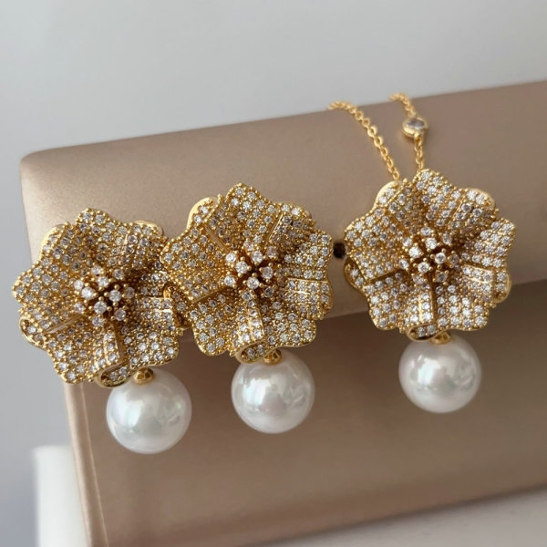 Pave zircon set flower earrings