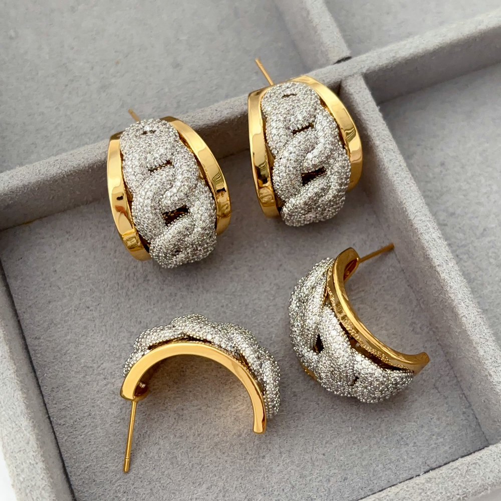 Pave zircon two tone earrings